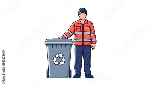 Sanitation worker in a high visibility orange jacket and blue cap stands next to a large grey recycling bin with a symbol.