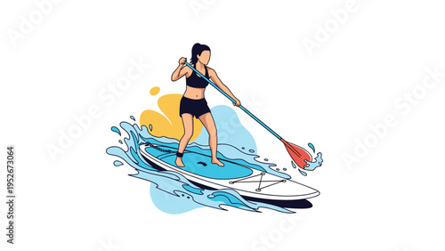 Athletic woman in a black sports bikini paddles a white stand up paddle board through ocean waves against a sunny sky.