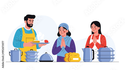 Man wearing a yellow apron serves a plate of hot food to two women who are praying or expressing gratitude in a kitchen.