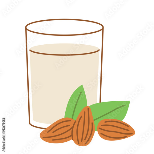 glass of almond milk with almonds, plant-based dairy alternative drink, healthy vegan beverage, minimal food composition- vector illustration