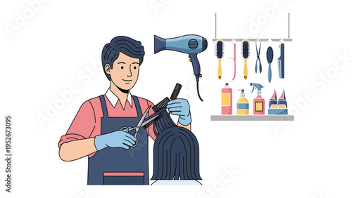 Hairdresser at Work: An illustration depicting a skilled hairdresser diligently styling and cutting hair, surrounded by essential tools of the trade.