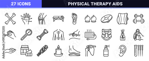 Holistic Chiropractic and Physical Therapy Monoline Outline Symbols; Professional Health and Wellness Technical Vector Line Art for Medical UI.