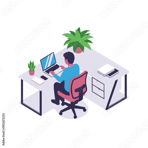 Man working diligently on laptop at modern office desk.