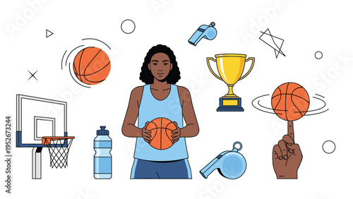 Professional female basketball player holding ball surrounded by sports icons like trophy, whistle, hoop, and water bottle on white background.