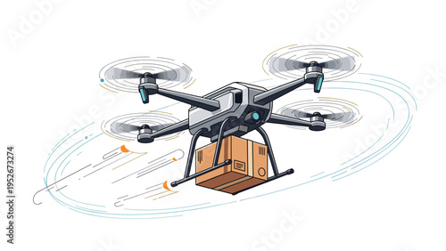 Autonomous delivery drone flying through the air while carrying a brown cardboard box for fast logistics and modern transport solutions.
