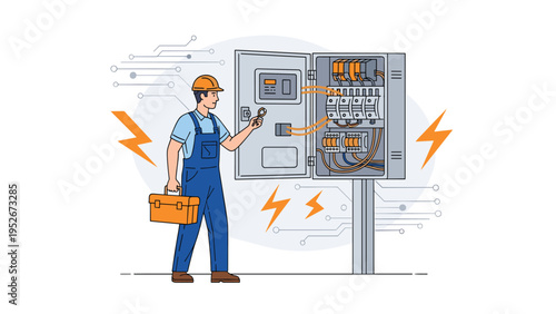 Professional electrician in uniform wearing hard hat while inspecting and repairing complex wiring in an industrial electrical control panel.