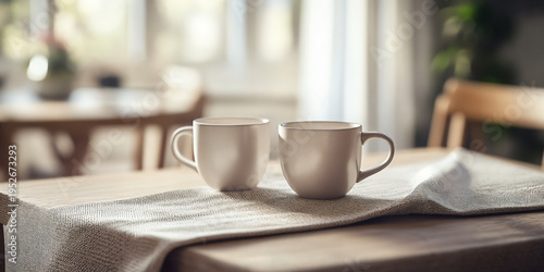 Two Coffee Cups on Table with Soft Morning Light in Cozy Interior