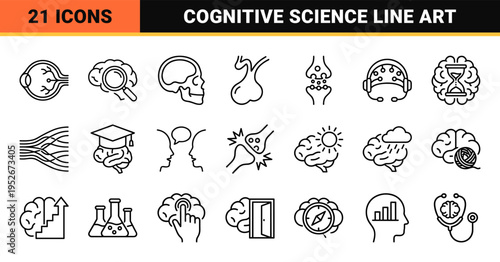 Human Neurology and Cognitive Science Line Art Symbols featuring Minimalist Brain Anatomy and Psychiatric Health Technical Outlines