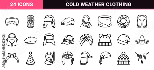 Winter Headwear and Cold Weather Accessories Outline Symbols Minimalist Technical Monoline Style for Seasonal Fashion Graphic Design