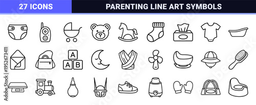 Baby Nursery and Infant Care Essentials Linear Icon Set in Technical Monoline Style for Parenting Mobile Apps and Web Design UI