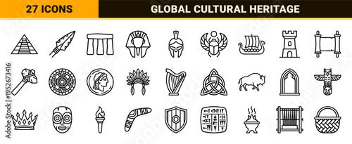 Ancient World History and Cultural Heritage Monoline Symbols, Minimalist Archaeology and Global Civilization Outline Graphics for Education