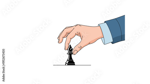 Close-up of a hand in a blue suit sleeve carefully moving a black bishop chess piece during a strategic board game competition on white backdrop.