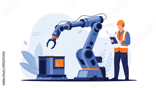 Industrial engineer in safety vest and helmet monitoring a blue robotic arm performing automated tasks in a modern high-tech manufacturing plant.