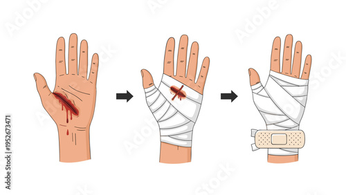 Medical infographic showing a sequence of steps to treat a bleeding hand wound with a white bandage and a finishing medical adhesive plaster.