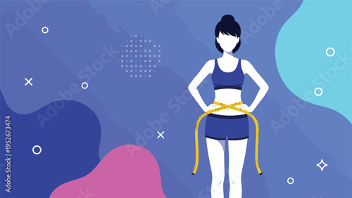 Health and fitness concept featuring a woman in sportswear measuring her waist with a yellow tape on a vibrant blue and pink abstract background.