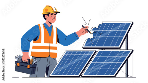 Renewable Energy Engineer: An engineer in a safety helmet, standing before a panel, is performing his duties of green energy development