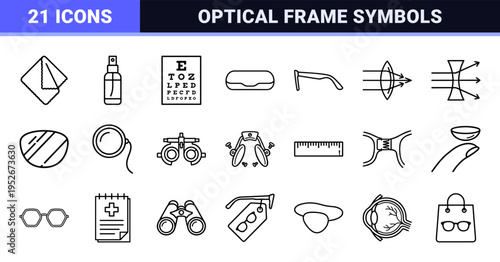 Optical Vision Care Eyewear Technical Monoline Outline Symbols for Optometry Clinics and Retail Eyeglasses Fashion Design