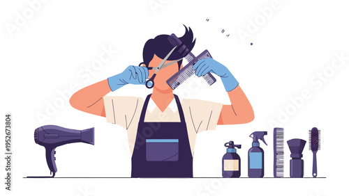 Barber at Work: A professional barber meticulously prepares his tools. a visual narrative of dedication and craftsmanship. 