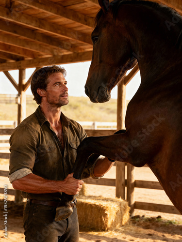 In a rustic barn, a man gently holds a horse's leg while engaging with the animal. Sunlight filters through the wooden structures, creating a warm and serene atmosphere