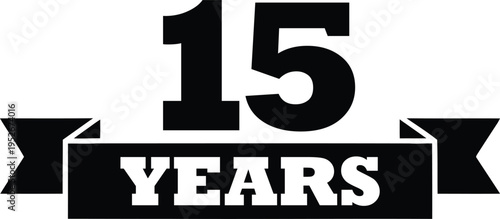 Clear black number fifteen appears above a horizontal ribbon featuring the word years on it