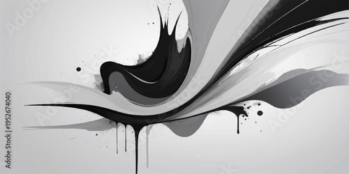 An abstract black and white grunge background vector illustration featuring a liquid water splash design with a wavy artistic pattern and falling drops