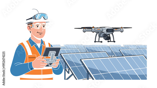 Innovation in Renewable Energy: A technician, equipped with advanced gear, expertly monitors a drone as it surveys a field of solar panels.