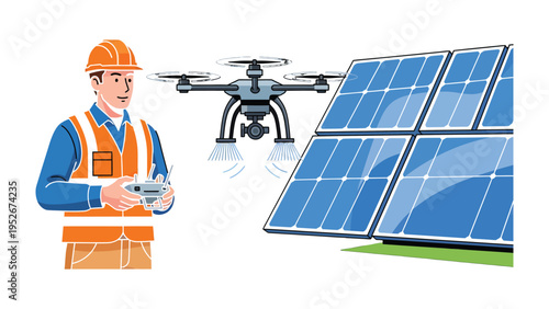 Solar Panel Inspection with Drone: An engineer utilizes a drone for inspecting a bank of solar panels, promoting renewable energy.