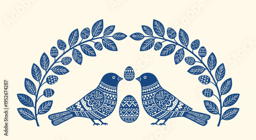 Two blue patterned birds facing each other under a leafy arch with easter eggs symbolizing spring and new life