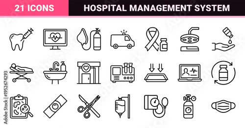 Medical Services and Hospital Management Monoline Symbols featuring Technical Line Art for Healthcare Administration and Clinical Care Software.
