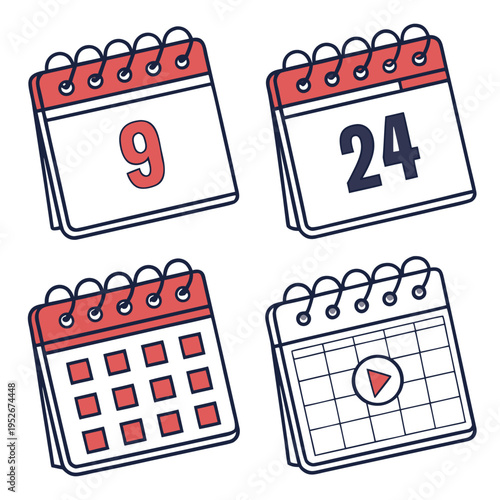 Isometric calendar set with red rings and accents, showing dates like 9, 24, grid views, and a play button on a day