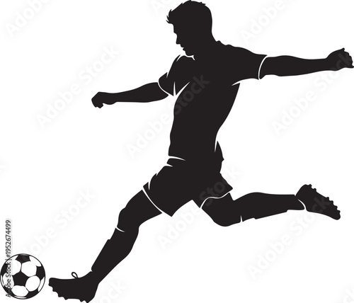 Soccer player kicking a ball in mid action dynamic silhouette against a white background