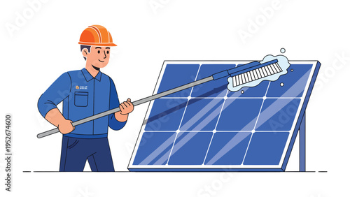 Solar Panel Technician at Work: An essential worker meticulously cleans a solar panel with a brush. Promoting renewable energy and eco-conscious practices.