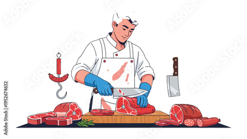 Artisan Butcher at Work: An experienced butcher meticulously cuts a fresh cut of raw meat, showcasing his skillful craft and dedication to quality in a clean and well-equipped environment.