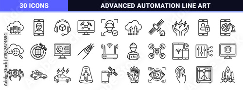 Future Technology Technical Monoline Icons for Innovation and Digital Transformation Interface Design Featuring Clean Black Outlines on White