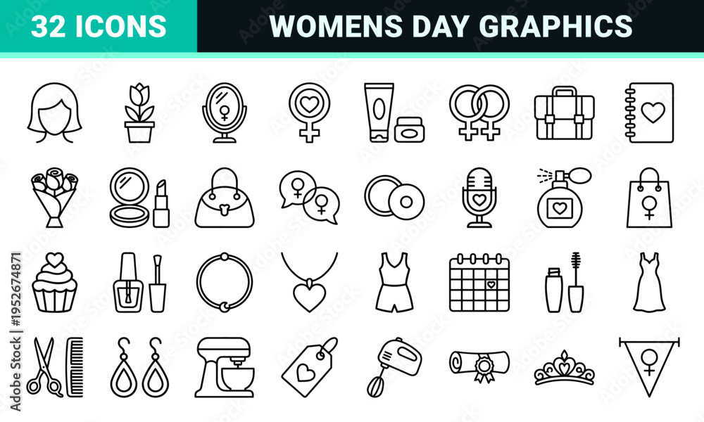 Naklejka premium International Womens Day Monoline Outline Symbols Featuring Feminine Care Lifestyle Fashion and Celebration Elements in Minimalist Style