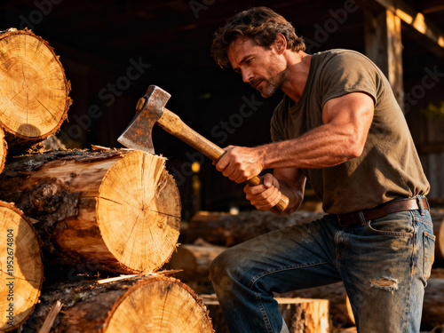 A man is using an axe to chop logs stacked in a rustic environment. The warm sunlight highlights his focused expression as he works on a beautiful evening