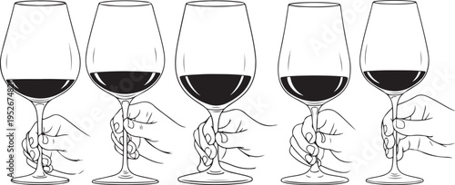 An illustration of five wine glasses with fish designs on the stems each containing a different amount of red wine