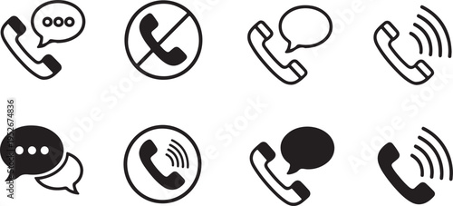 Collection of black and white phone and speech icons for communication and no call concepts