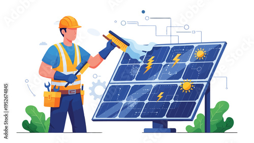 Eco-Friendly Maintenance: A technician meticulously cleans a solar panel, embracing the future of sustainable energy with precision and care.