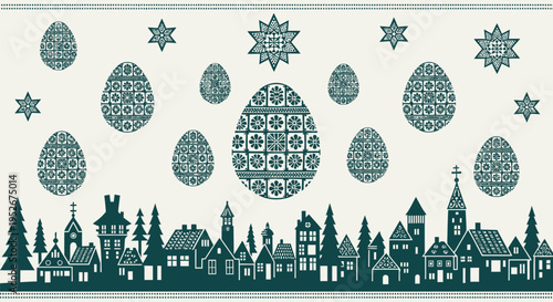 Easter celebration cityscape with decorated eggs and stars in night sky holiday village scene