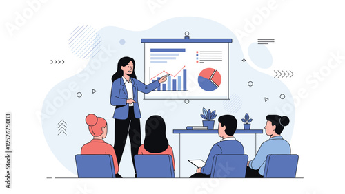 Professional woman stands by a white flip chart presenting financial growth charts and pie diagrams to an office audience.