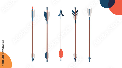 Selection of five traditional wooden arrows with various feather fletching and sharp tips is arranged vertically.