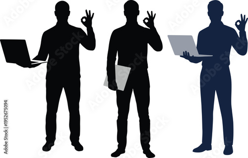 Business professionals holding laptops showing OK gesture in silhouette style