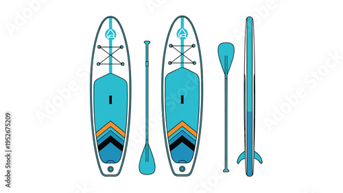 Illustration of a blue and white stand-up paddleboard shown from top, bottom, and side views along with a matching paddle for water sports.