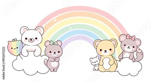 Adorable Cartoon Bears and Rabbits Resting on a Cloud with a Colorful Rainbow on an Isolated White Background