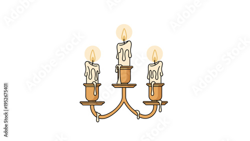 Classic golden candelabra holds three white burning candles with melting wax droplets on a plain white background.