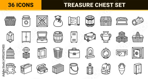 Treasure Chest and Storage Container Monoline Outline Symbols for Gaming UI and Technical Wayfinding Maps