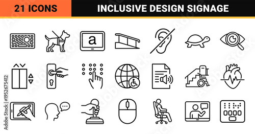 Universal Accessibility and Inclusive Design Thin Line Icons Featuring WCAG Compliance Symbols for Web and Physical Navigation Interfaces.