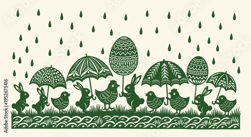 Easter rabbits and birds with umbrellas on a rainy day celebrating springtime with decorated eggs