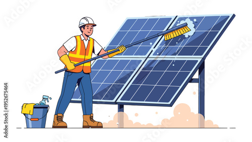 Solar Panel Maintenance: A worker in protective gear meticulously cleans solar panels with a long-handled brush, ensuring optimal energy generation and a sustainable future.
